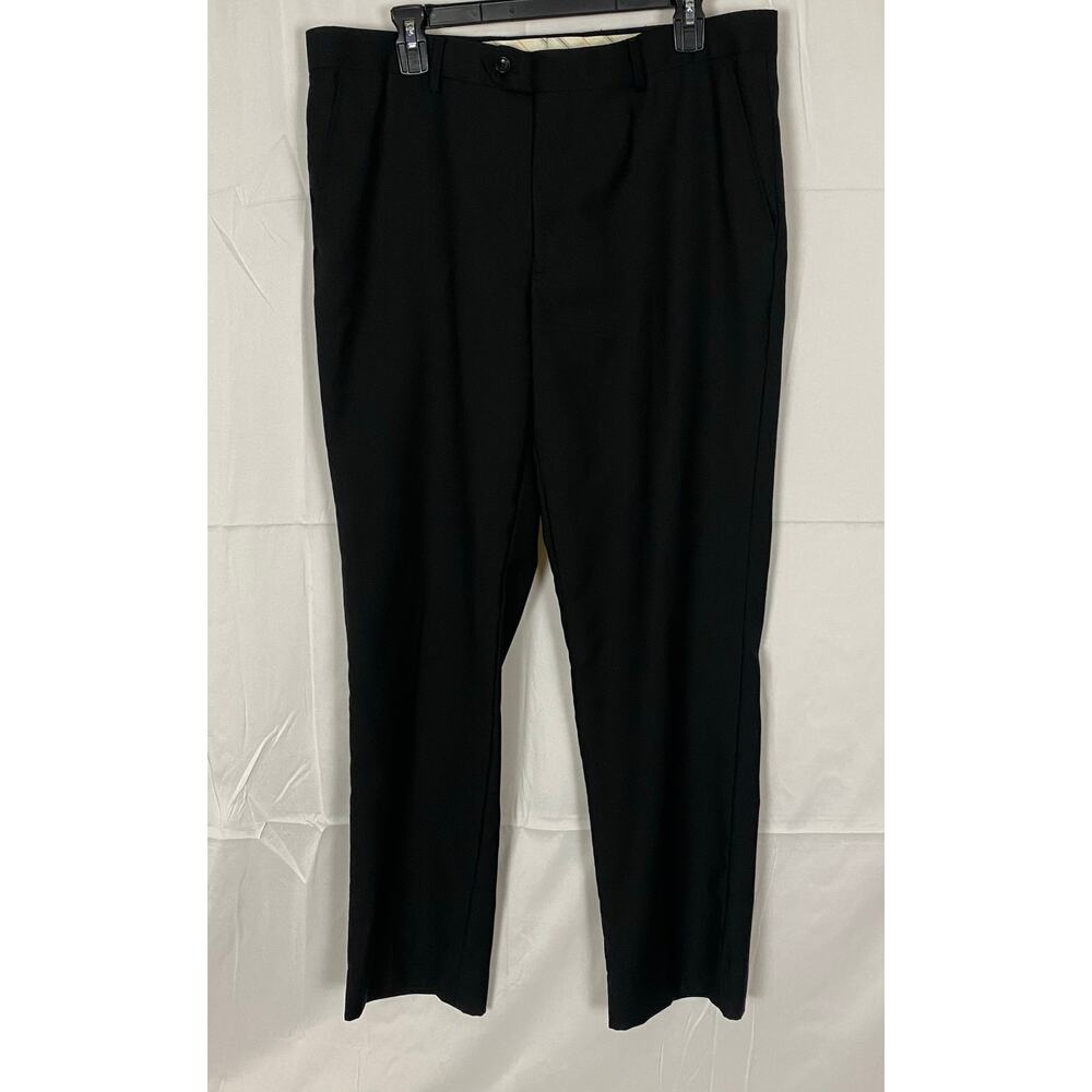 Men’s 100% Wool Dress Pants 35x28 Black No Pleat Tailored Business Slacks